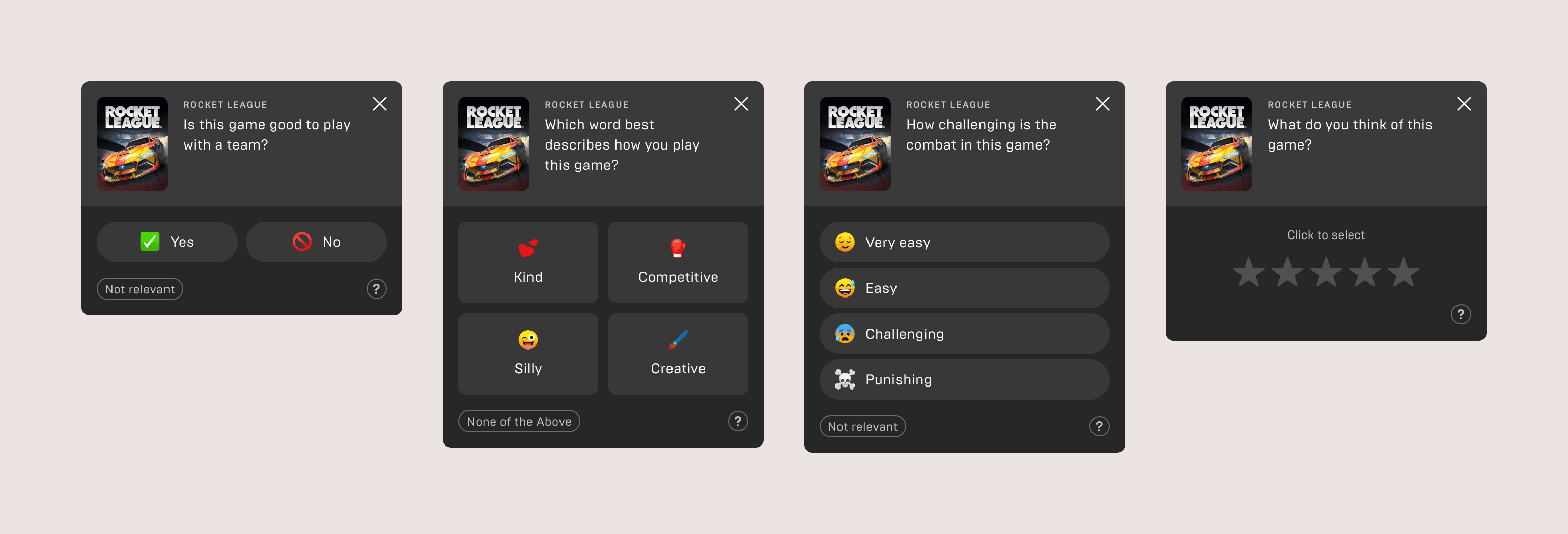 Side-by-side screenshots of the four different poll types — Yes/No, Unordered 4-answer, Ordered 4-answer, and Star rating.